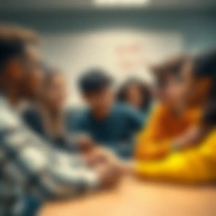 A group of diverse students talking in a classroom about their experiences with cyberbullying