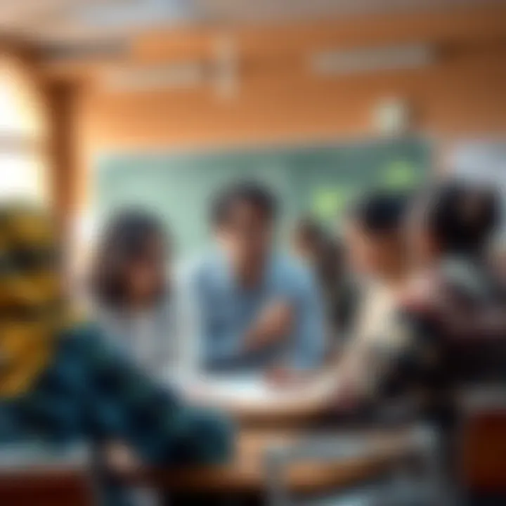 A group of students in a classroom discussing their career choices and educational goals while looking at charts and notes.