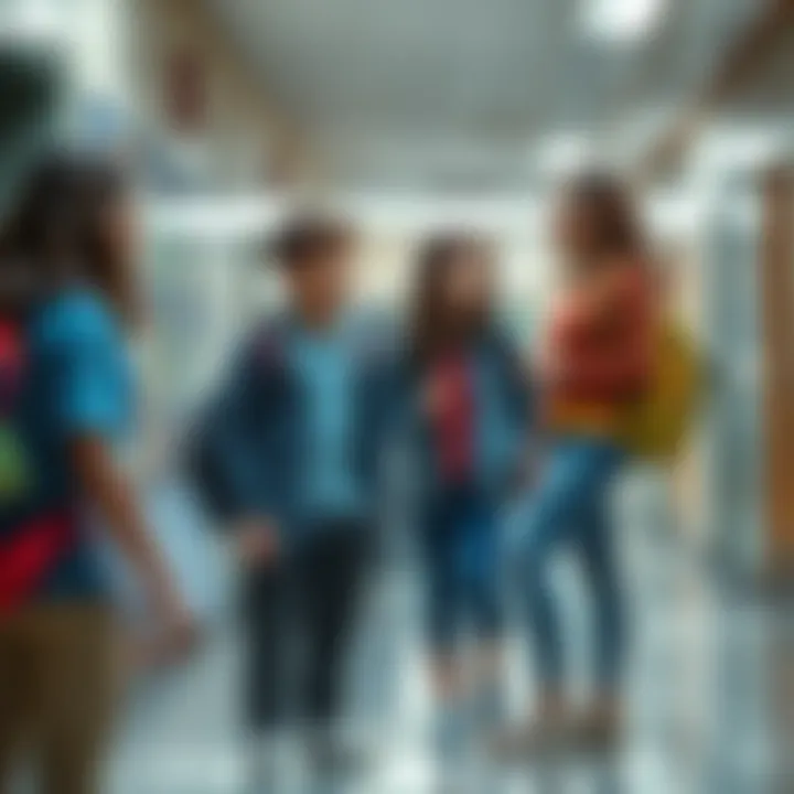 A group of students talking in a school hallway, looking concerned about friendship conflicts and school drama