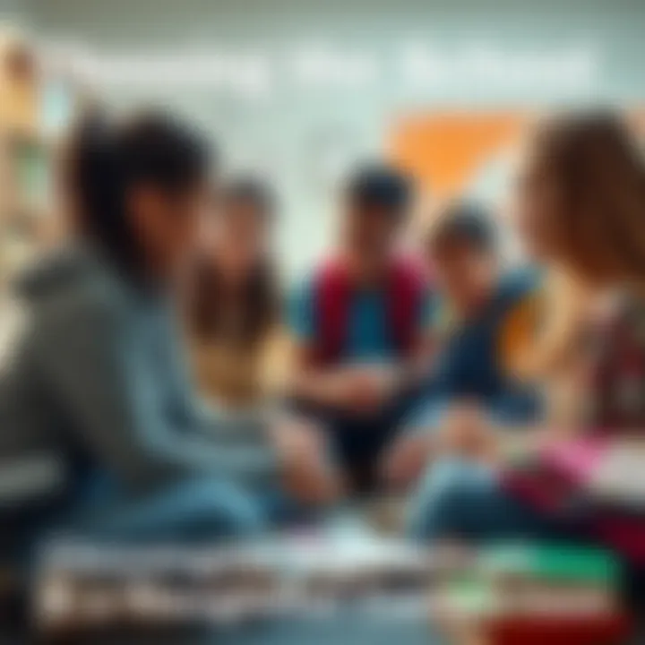 A group of students sitting together, discussing their thoughts on transferring to a new school, with school supplies and books around them.