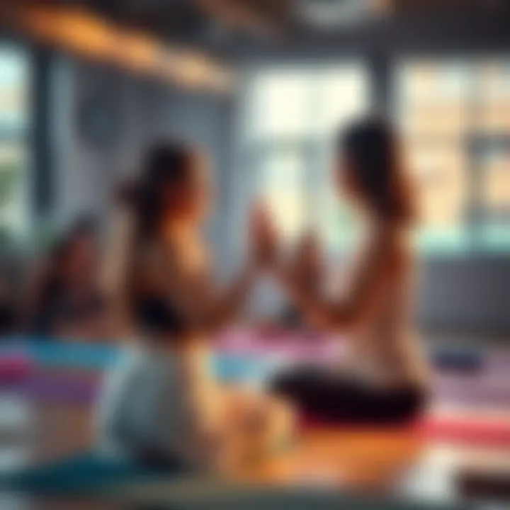Two students holding hands while practicing restorative yoga in a classroom setting.