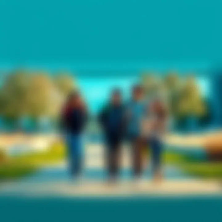 A group of students walking together on a university campus, discussing and laughing.