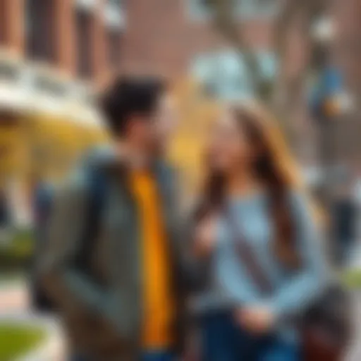 Two students smiling and chatting on a college campus, embodying the spirit of chance encounters.