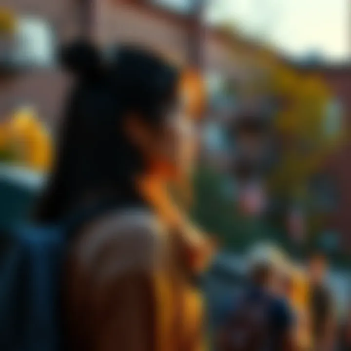 A female student looks thoughtfully at a male student across the campus, highlighting their past summer romance and current emotions.