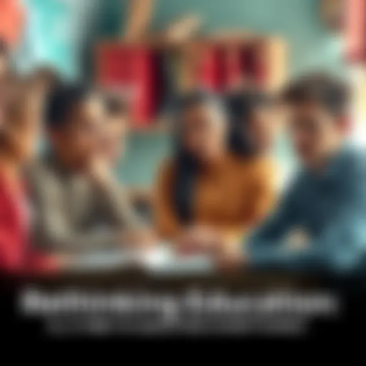 A group of diverse students engaged in a discussion, looking thoughtful, with books and notebooks on the table, symbolizing critical thinking about education.