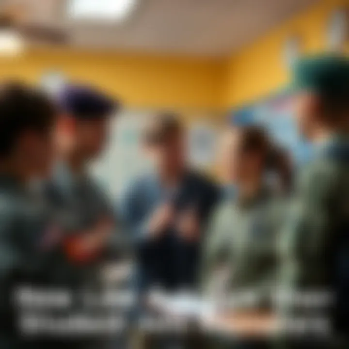 A group of high school students discussing with military recruiters in a school setting