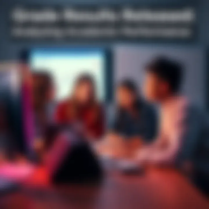 Students Reviewing Grade Results A group of students looking at their grade results on a computer screen, discussing their academic performance, with notes and laptops around them.