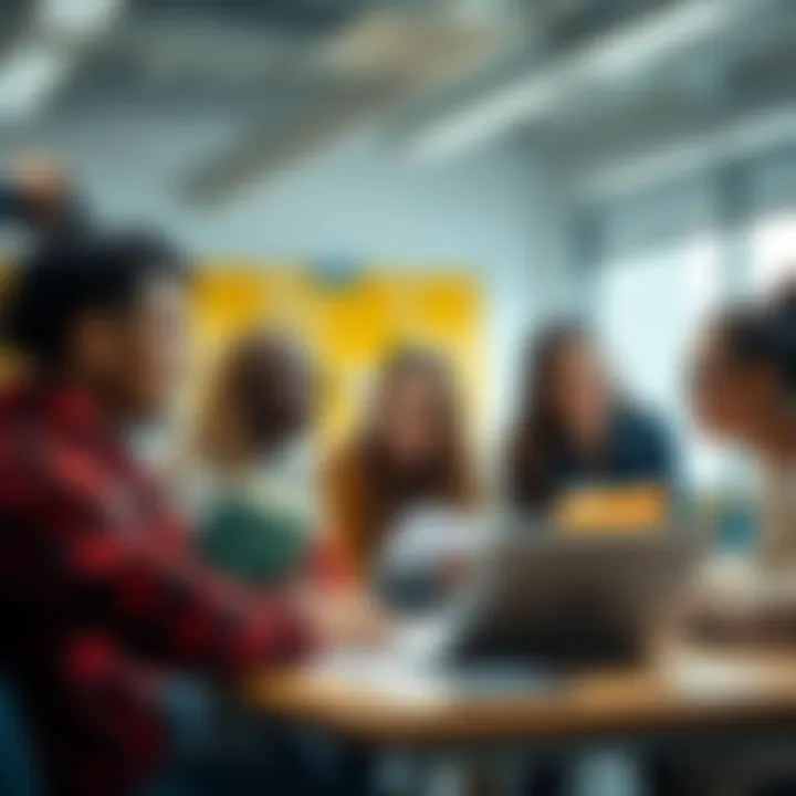 A diverse group of students sharing revision tips and success stories while studying together in a bright classroom