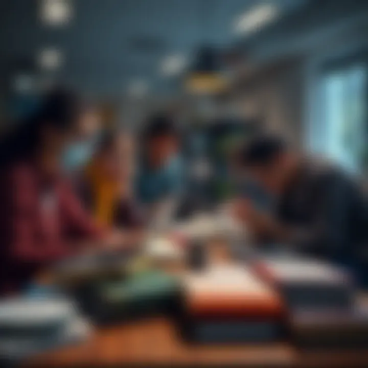 A group of students studying together at a table filled with books and laptops, actively discussing exam strategies.