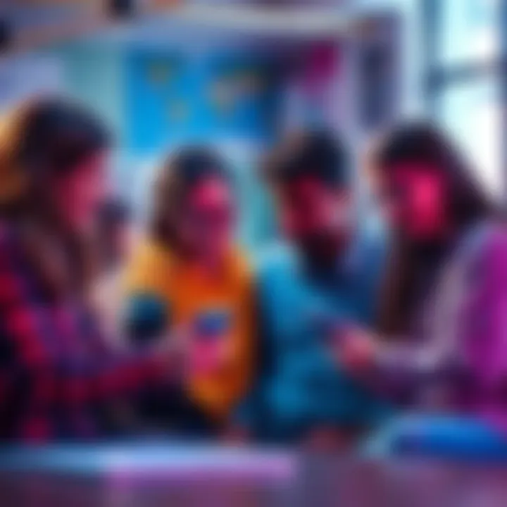 Study Group Discussion A group of students discussing collaboration while one looks at a phone, considering inviting a busy friend for social media tasks.