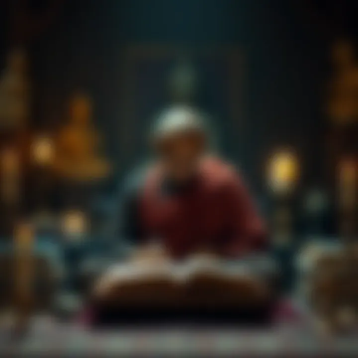 Studying the Pali Canon A Theravadan monk reading the Pali Canon, surrounded by books and candles in a peaceful setting.