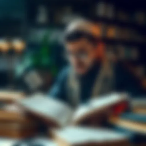 A person reading the Talmud with a thoughtful expression, surrounded by books and notes, symbolizing the pursuit of knowledge.