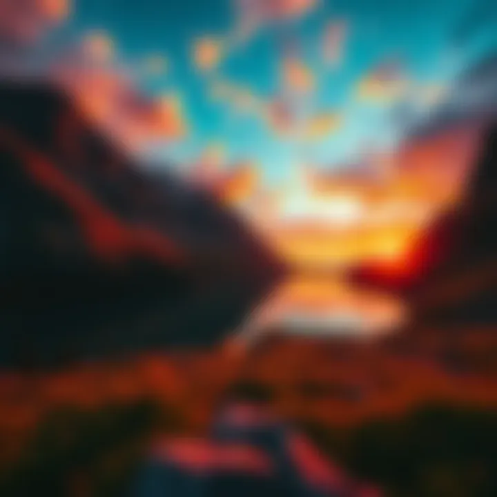 A breathtaking mountain view at sunset with vibrant colors in the sky and a serene lake reflecting the scenery.