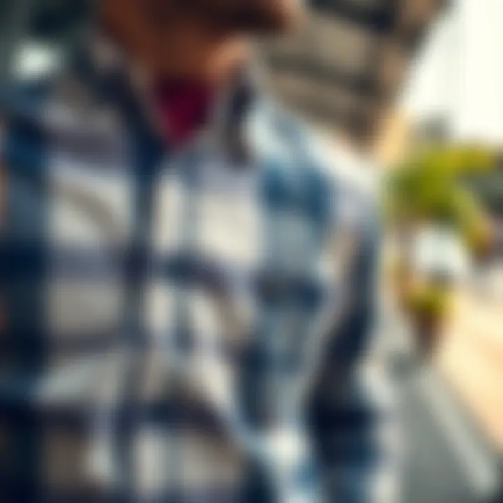 Stylish Shirt Without Flannel A close-up of a unique stylish shirt that replaces the traditional flannel, showcasing its fabric and design details, with a casual setting in the background.