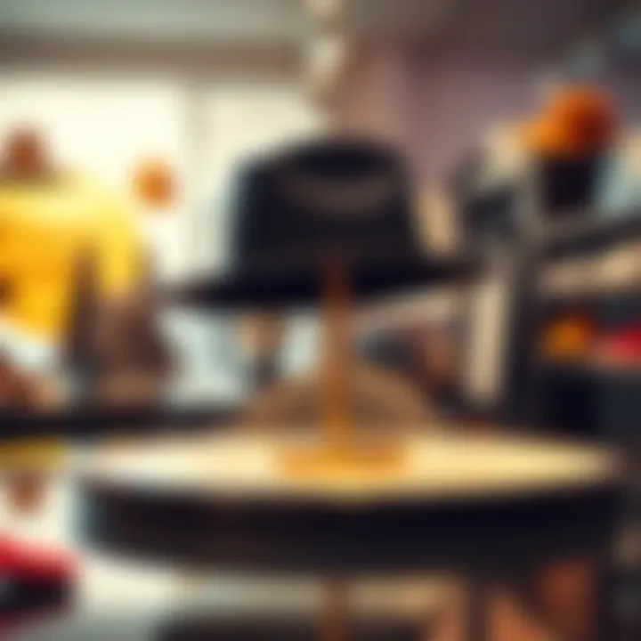 A unique hat style displayed on a table with a bright background, inviting people to explore and buy.