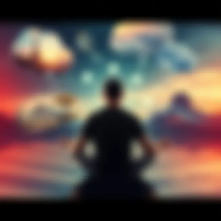 A person sitting in a meditative pose with thought bubbles showing alternate realities and landscapes around them