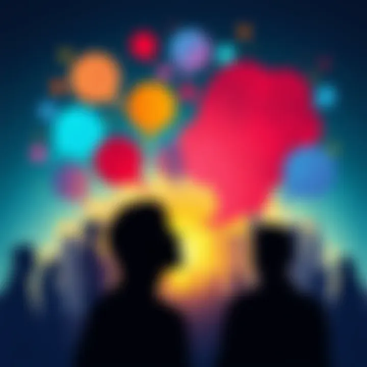 An abstract illustration showing various silhouettes of people with different colored thought bubbles representing diverse perceptions and subjective realities.