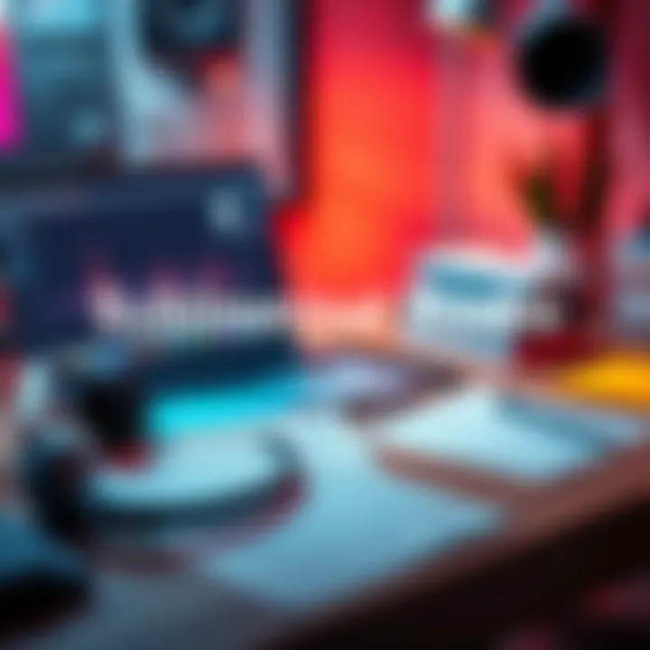 A creative workspace with a laptop, headphones, and notes promoting subliminal audio content and writing commissions on Kofi.