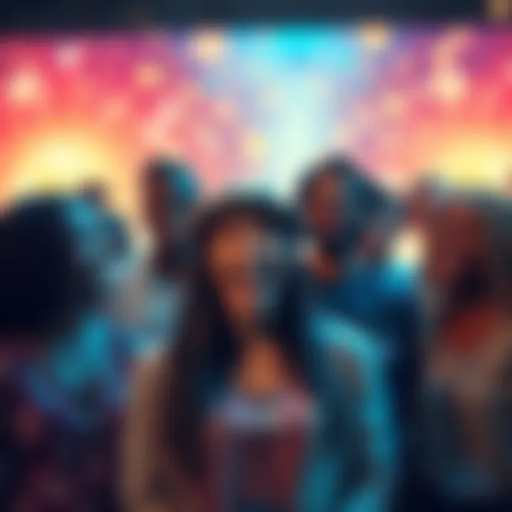 A group of diverse people happily sharing their transformation stories, with a background of uplifting visuals representing positive change.