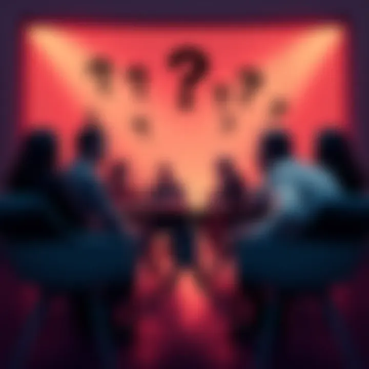A group of people engaged in conversation about subliminals at a round table with question marks above them