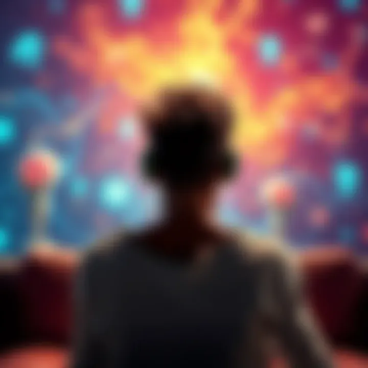 A person listening to subliminal messages while relaxing, surrounded by images of healthy hair growth