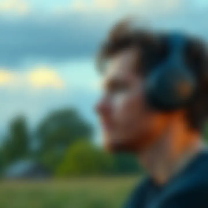 A person wearing headphones, focused on listening to subliminal messages with a thoughtful expression, surrounded by a peaceful environment.