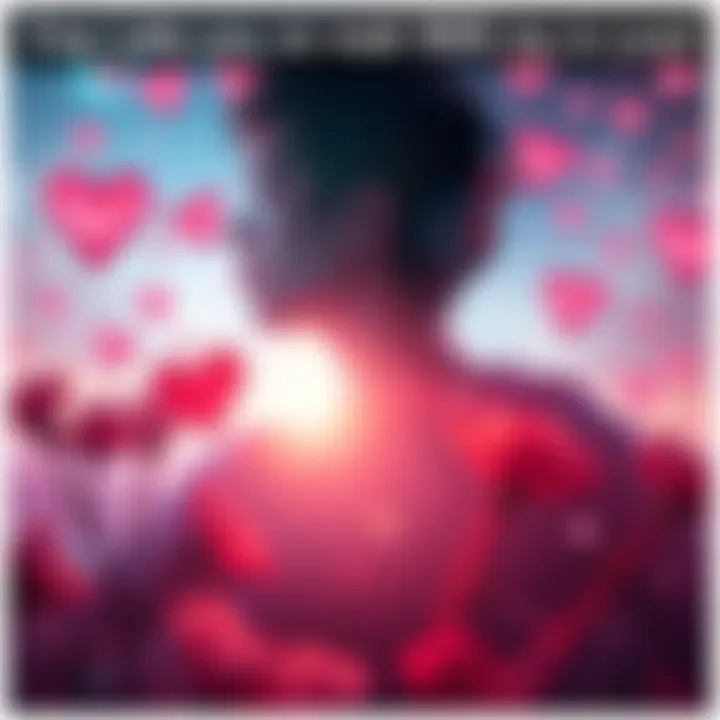 A serene scene showing a person listening to subliminal audio with headphones, surrounded by romantic symbols like hearts and flowers, suggesting love attraction techniques.