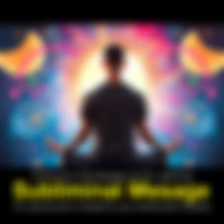 A person meditating with calming visuals around them, focusing on subliminal messages for personal growth.