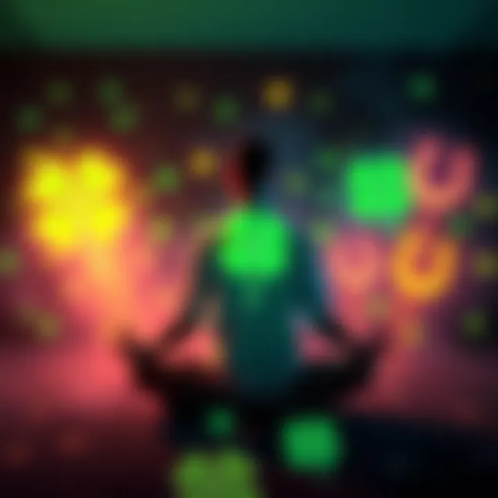 A serene scene with a person meditating surrounded by glowing symbols of luck like four-leaf clovers and horseshoes.