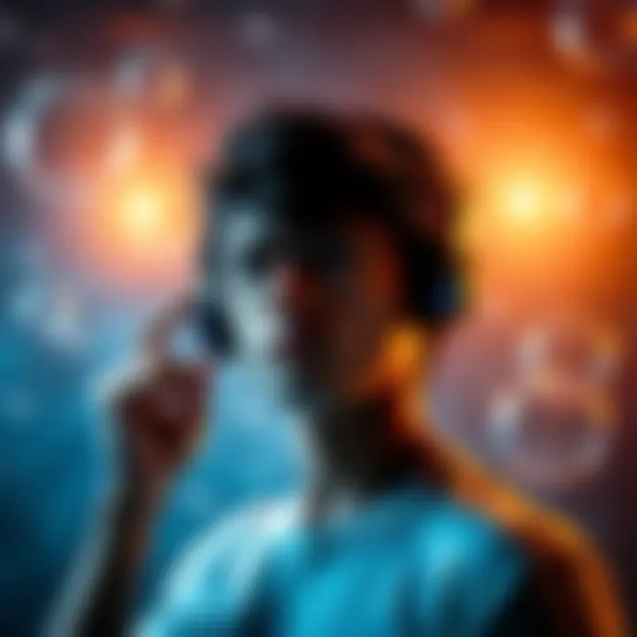 A person listening to audio with headphones, surrounded by floating affirmations in bubbles, symbolizing subliminal messages and positive thoughts.