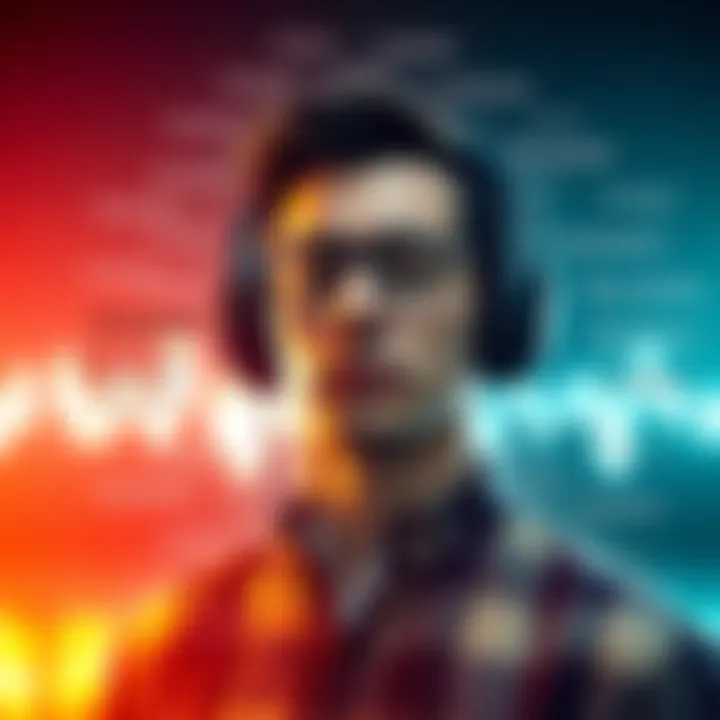 A person listening to audio with headphones, surrounded by text in Russian and English affirmations floating around them. The setting shows a calm and focused atmosphere.