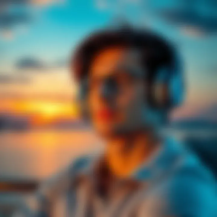 A person listening to subliminal audio tracks while relaxed, with serene surroundings and headphones on, focused on nose transformation goals.