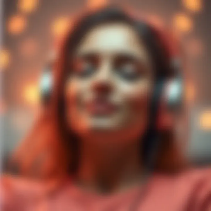 Subliminal Audio for Facial Attractiveness A serene person wearing headphones, relaxed with a peaceful expression, surrounded by soft glowing light, symbolizing beauty and confidence