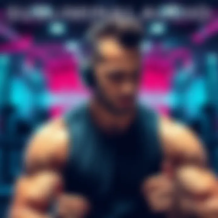 A person wearing headphones, exercising in a gym, with sound waves surrounding them.