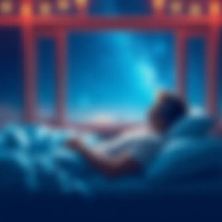 A person relaxing in bed with headphones on, listening to subliminal audio while night time stars shine through a window.