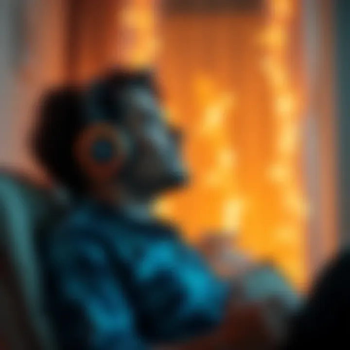 Person listening to subliminal audio A person wearing headphones, looking relaxed while sitting in a cozy space, with a soft glow around them, suggesting a positive mindset