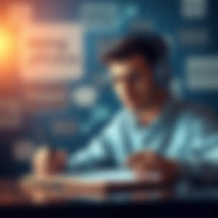 A person listening to headphones while writing down their goals, with images of positive affirmations in the background.