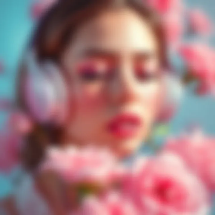 A person listening to headphones with a calm expression, surrounded by soft pastel colors and flowers, representing feminine beauty and self-affirmation.