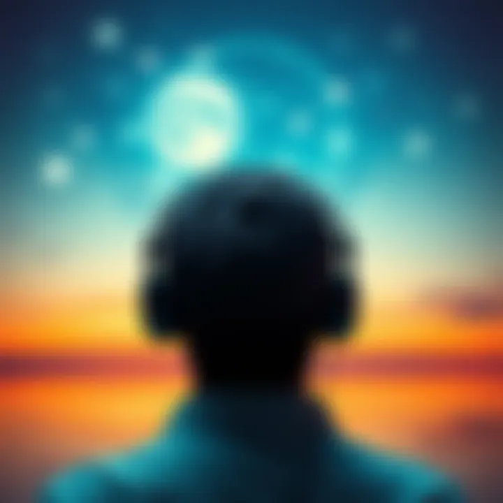 Subliminal Bundles Concept A person listening to headphones with calm visuals in the background, representing subliminal messages and affirmations.