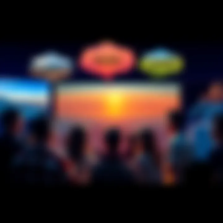 A group of people discussing ideas for a new subliminal channel, with thought bubbles showing various content suggestions like music, nature scenes, and affirmations.