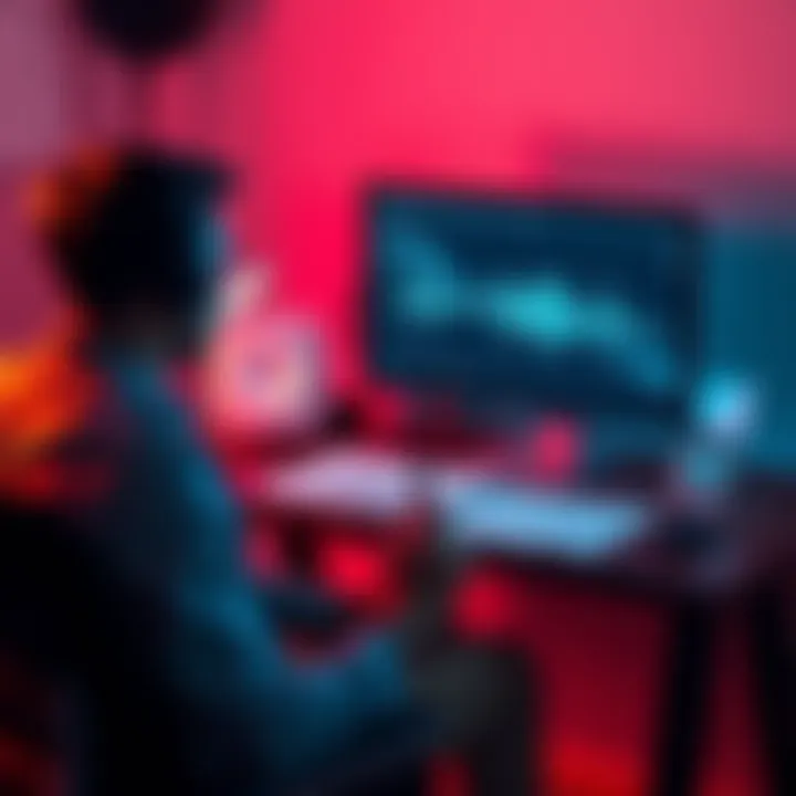 A person sitting at a desk with headphones on, focused on a computer screen displaying subliminal soundwaves, with notes and graphs around them, representing the size enhancement theme.