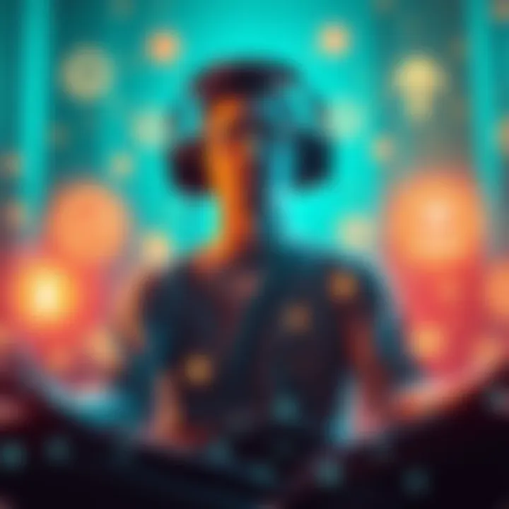 A person meditating with headphones on, surrounded by glowing symbols representing subliminal messages