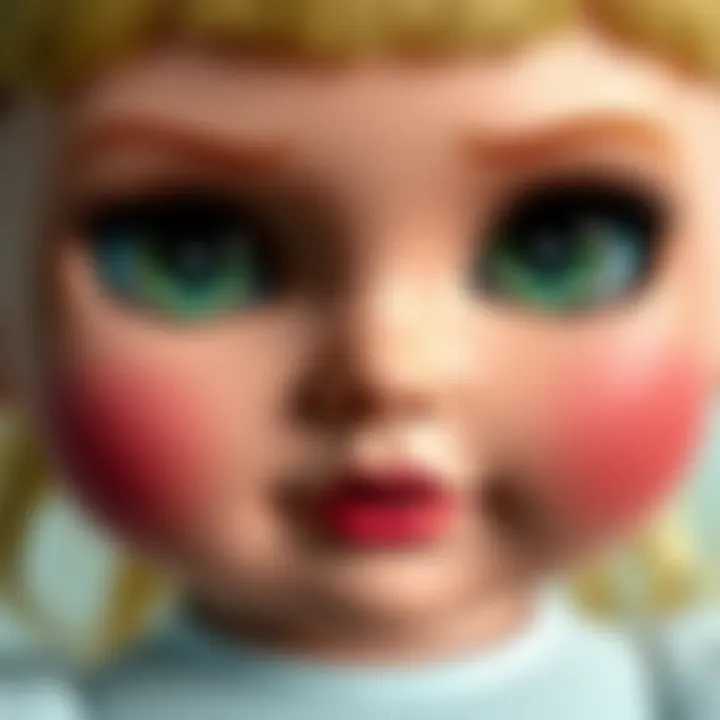 A close-up of a doll with large, expressive eyes reflecting various emotions, symbolizing subliminal techniques.
