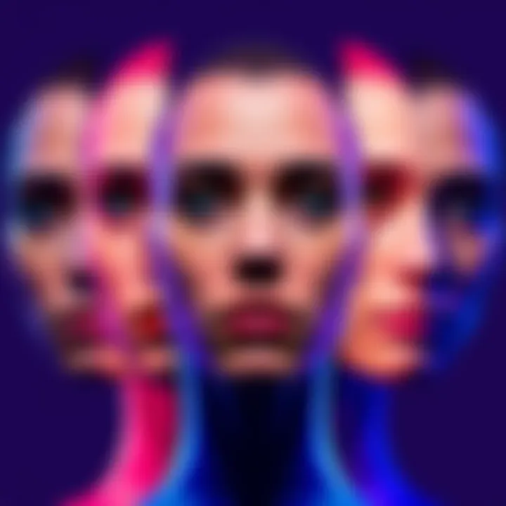 Subliminal Face Design Concept A visual representation of creating a subliminal image focusing on facial features, highlighting proportions and height variations, featuring a diverse set of facial shapes and sizes.