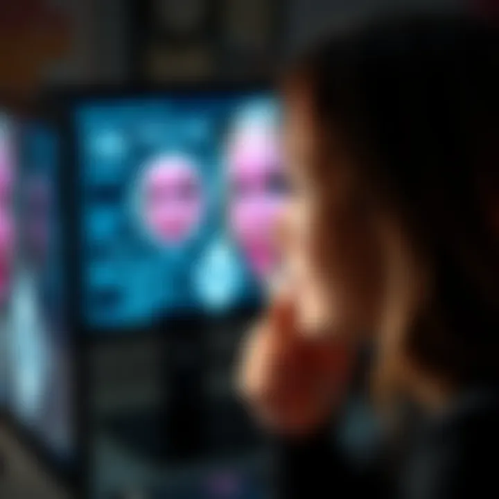 A person looking at a computer screen with subliminal face suggestions and beauty goals displayed.