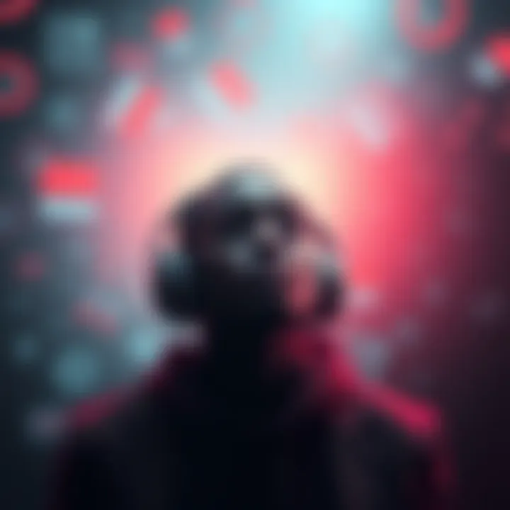 A person wearing headphones, appearing contemplative, while surrounded by visual representations of subliminal messages