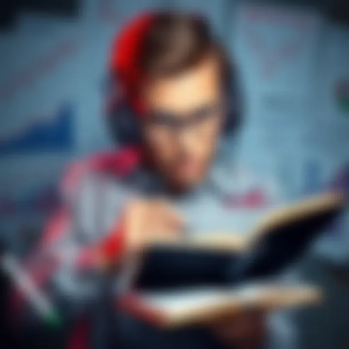 A person listening to subliminal audio with headphones while taking notes on a notebook, surrounded by various subliminal formula charts and graphs.