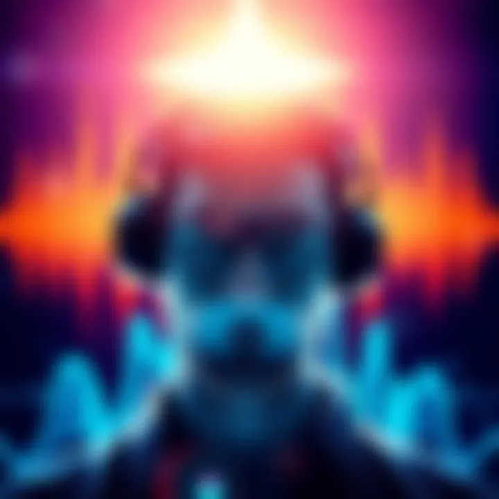 A person wearing headphones, surrounded by sound waves and playlists representing subliminal audio methods.