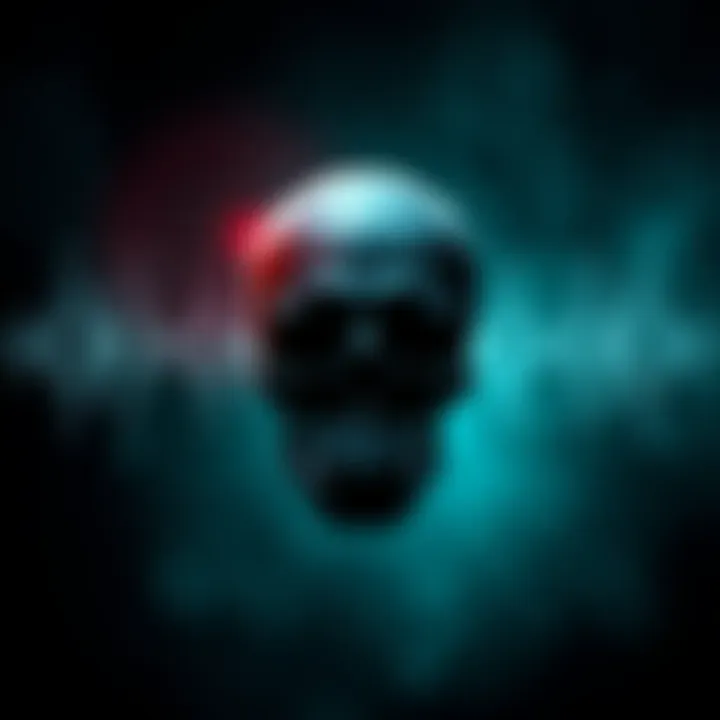 A dark-themed graphic showing abstract sound waves overlaying a skull symbol, representing subliminal messages about death.