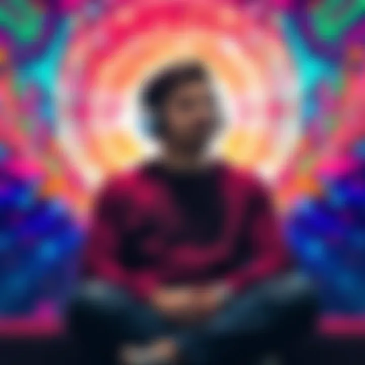 A person sitting calmly with headphones on, looking thoughtful while surrounded by colorful abstract patterns representing subliminal messaging.